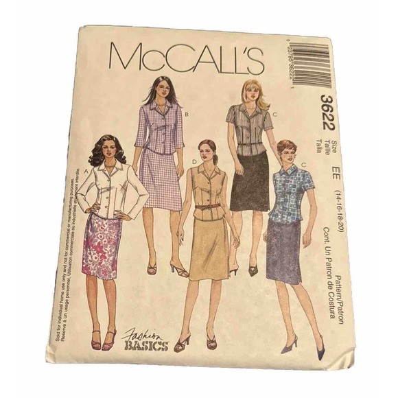McCall’s 3622 Sewing Pattern Sizes 14-16-18-20 Shirts Skirts UNCUT NEW - Picture 2 of 3